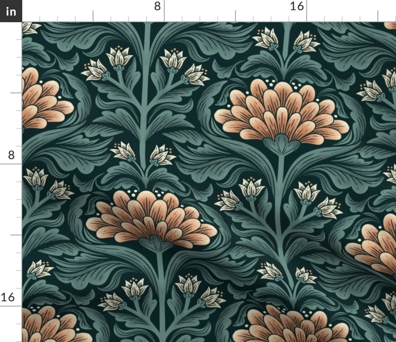 Peach Floral Blue Botanical Cream Flowers Art Deco Traditional Damask Custom Printed Fabric by Spoonflower Various Fabrics by the Yard or Fat Quarter